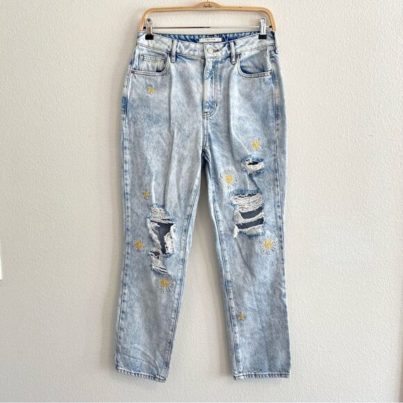 PACSUN Mom Acid Wash High Rise Daisy Embroidered Jeans Light Wash Denim Size 27 - Picture 2 of 16